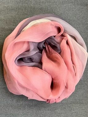 Vintage Silk Ombre Scarf Pink Grey Cream 34x68 Lightweight Elegant Hand Rolled